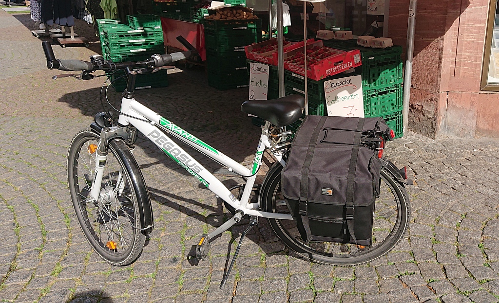 Mein Fahrrad in der Binger Innenstadt vor dem Obst- und Gemüseladen, mit seinen zwei schwarzen Packtaschen am Gepäckträger