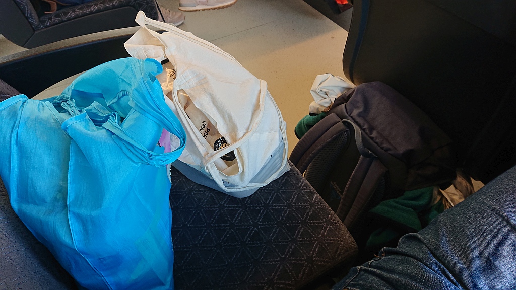 Auf dem Platz im Zug neben mir stehen zwei mit Einkäufen gefüllten Stoffbeutel, mein Rucksack steht im Fußraum